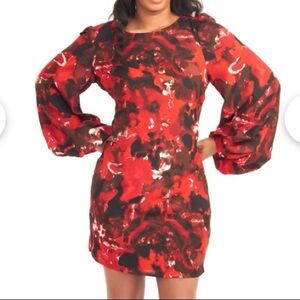 Vivienne Tam. Red & Black Floral Bishop Sleeve Dress. Size 2.